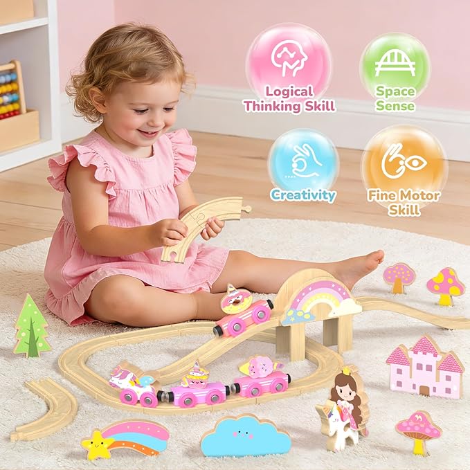 Hot Bee Wooden Train Set for Toddlers 2-4, 38-Piece Unicorn Train Set for Girls, Pink Wooden Train Track Set with Fairies & Unicorns, Girl Train Set Birthday Gifts for 2 3 4 5 Year Old Girls