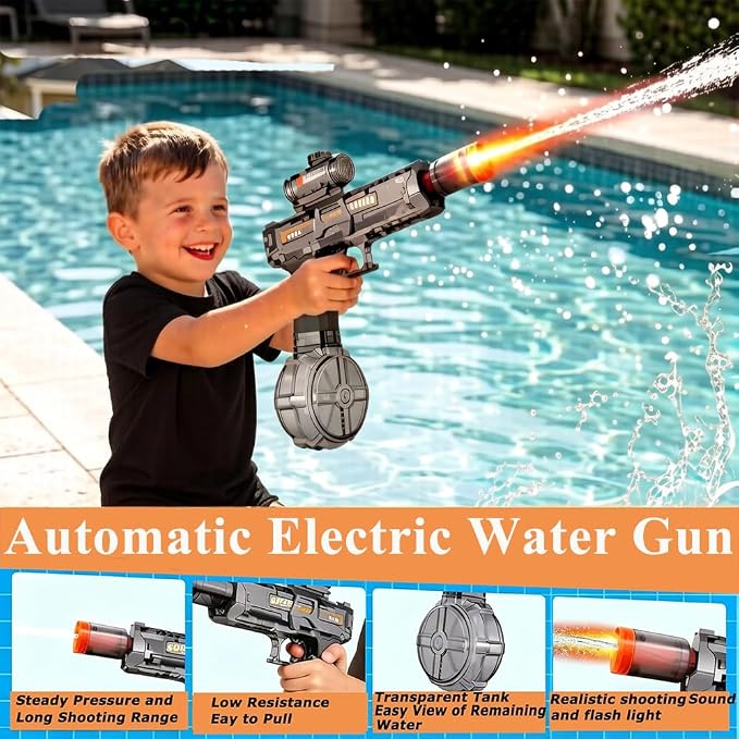 3 Pack Electric Water Gun for Kids, YSD Automatic Water Gun with LED Light & Spray Sound, Rechargeable, 26FT Shooting Range, Summer Water Toys for Pool Beach Party (Blue+Black+Red)