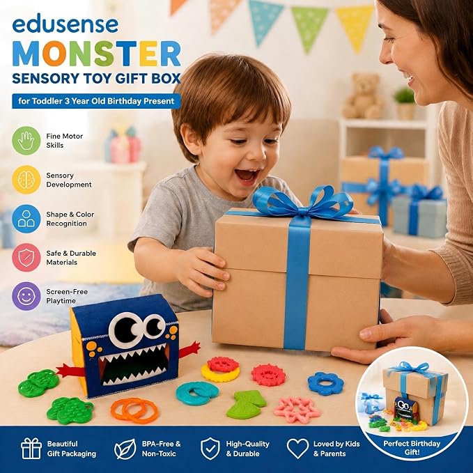 edusense Monster Feed Me Sensory Shape Sorter — 20 Washable Silicone Shapes | Fine Motor Feeding Toy for Toddlers 3+ | Occupational Therapist Designed Sensory Play for Home & Classroom