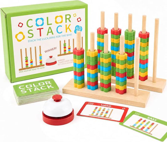 Color Stack Challenge Game for Teens & Adults, Wooden Fast-Paced Color Matching Puzzle Board Game with 2 Rotating Racks, 80 Ring, 50 Challenge Cards & Bell, Competitive Brain Teaser Party Game