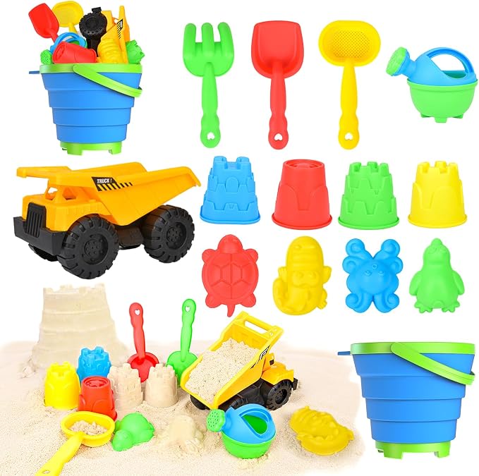 Beach Toys, 14Pcs Sand Toys with Construction Vehicle and Collapsible Beach Bucket, Animal Sand Mold Sets, Watering Can,Shovel Set with Mesh Bag,Summer Outdoor Play Travel Sandbox Gift for Boys Girls