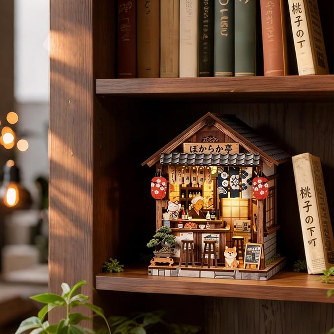 Book Nook Japan(Yiran Izakaya) Booknook Dollhouse Model, Decorative Bookshelf Display & Home Decor, 3D Wooden Puzzles Book Corner, DIY Miniature House Set
