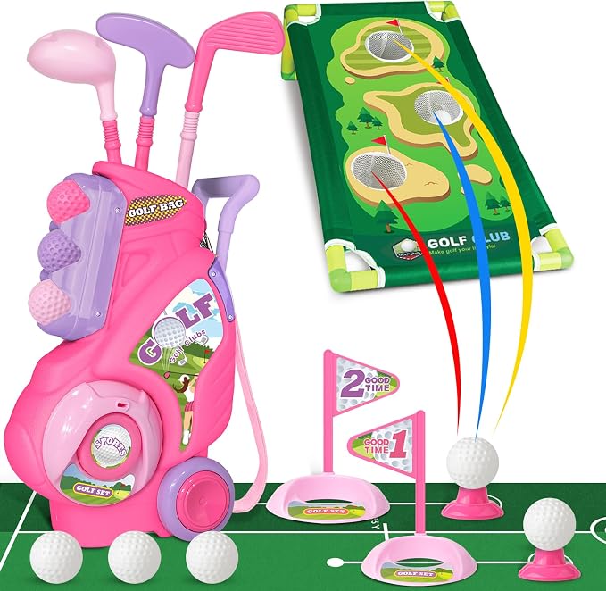 Toddler Golf Set for Boys Girls 2 3 4 Years Old, Upgraded Kids Golf Cart with Putting Mat & Cornhole Board, Outdoor Indoor Sports Toys, Pink
