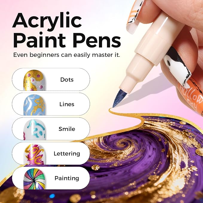 12 Metallic Colors Nail Art Pens Set, 3D Nail Polish Pens Quick-Drying Acrylic Paint Markers, Dotting Liner Brush for DIY Nail Design, Home & Salon Manicure Tools, MarkerPen