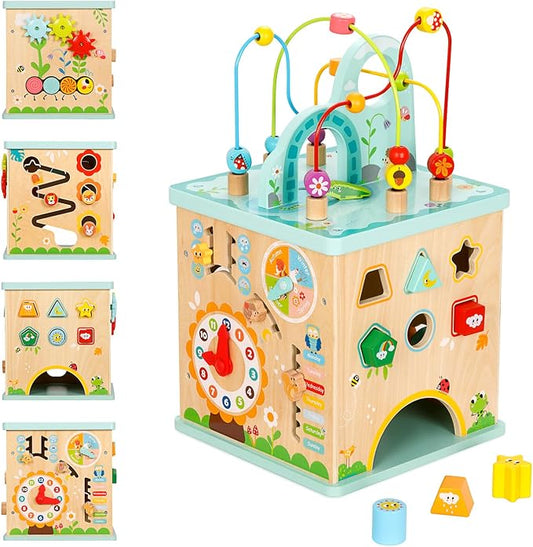 OOOK All-in-one Activity Center, 5 in 1 Baby Activity Table with Gear Game, Kids Sensory Table Play Cube with Montessori Calendar, Bead Maze, Shape Sorter, Ball Drop and More
