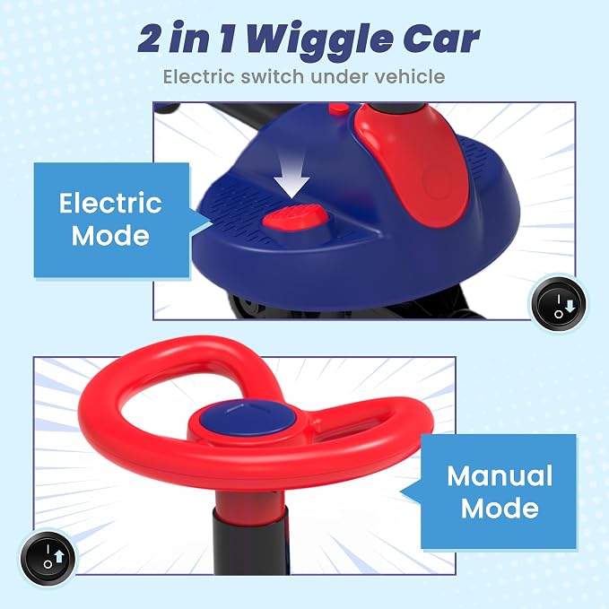 6V Electric Wiggle Car for Kids, 2-in-1 Ride On Swing Toy with Pedal, Adjustable Seat, 360° Steering, LED Flashing Wheels & Built-in Music, Anti-Rollover Ride-on Toy for Toddlers Ages 3+ Blue