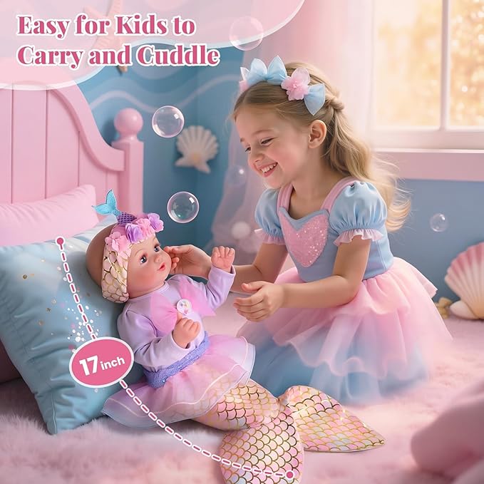 BABESIDE Mermaid Baby Doll Girl, 15-Inch Realistic Soft Baby Dolls with Shiny Mermaid Tail & Accessories, Cute Mermaid Toys for Girls Ages 3+ Kids, Christmas, Birthday