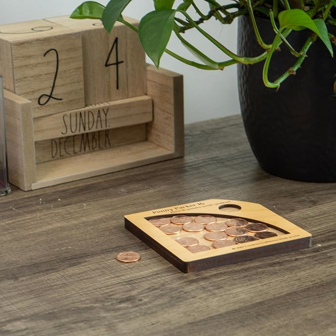 Creative Crafthouse Penny Packer 16 Wood Coin Packing Puzzle for Adults | All the pennies you need are included. Lay each piece flat to find the one solution. A desk and coffee table gift