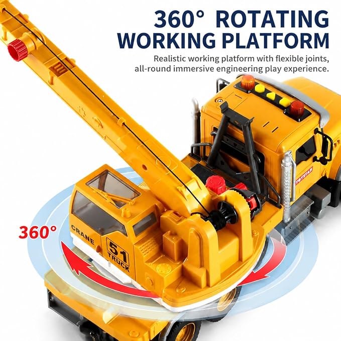 14" Yellow Large Crane Truck Toy,Tow Truck Toy,Construction Trucks for Boys Girls 3 4 5 6 7 8 Years Old,with Lights & Sounds,Holiday and Birthday Gift