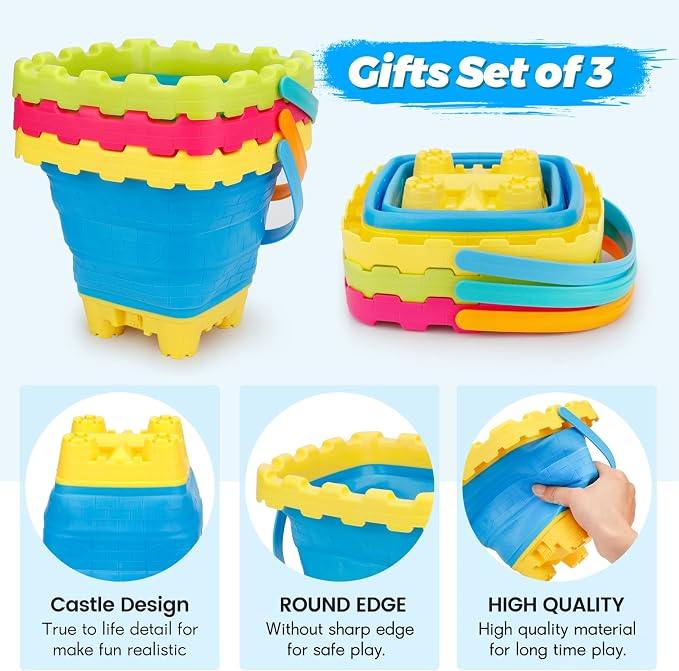 7 PCS Castle Foldable Beach Sand Buckets Toy Set with Shovels Scoop Sifter for Kids, 3L Silicone Collapsible Bucket Pails for Toddler, Summer Toy, Sandbox Kit Camping Gear Beach Essential Gift