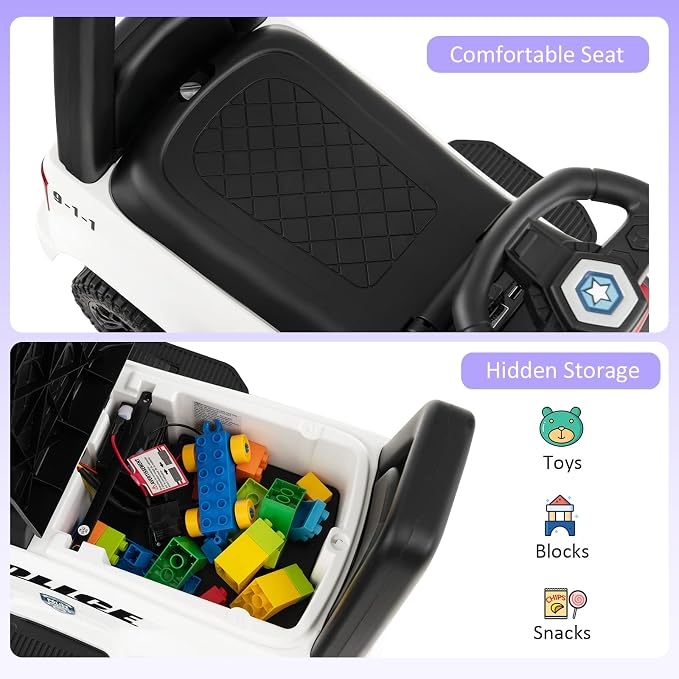 Costzon Police Car Ride On, 6V Battery Powered Electric Kids Ride On with Megaphone, Lights, Siren, Under Seat Storage, Toddler Push Car, Ride On Toys for Toddlers 1-3 Boys Girls (White)