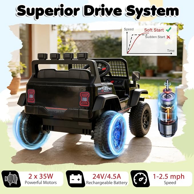 Costzon Ride on Truck, 24V Ride on Toys for Kids, Electric Vehicle with Parent Remote Control, Music, Horn, LED Headlights & Spring Suspension, Kids Car for Boys & Girls Aged 3+ (24V,Black)