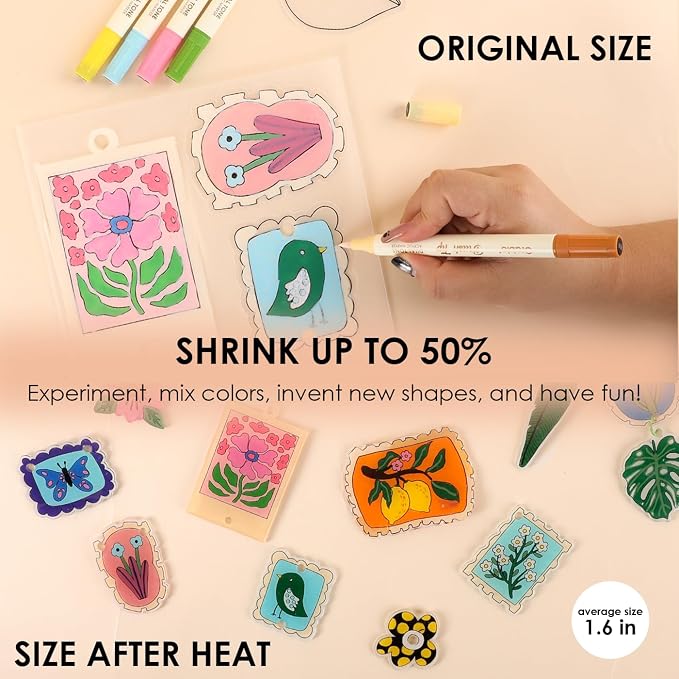 Grabie DIY Shrink Art Craft Kit Jewelry Making Kit for Kids Adults, 25+ Pre-Cut Shapes, 5 Dual-Tip Markers, Custom Charms, Pins, Rings, Keychains (Bloom Post - for Art Lovers)