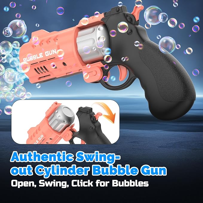 EagleStone 2 Pack Revolver Bubble Guns for Kids, Swing-Out Cylinder, 8000+ Bubbles/Min, LED Light Up, 4 Bubble Solution Bottles, Outdoor Indoor Toy, Birthday Easter Gifts for Toddlers