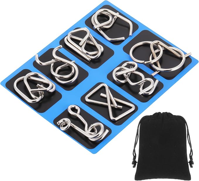 Metal Wire Puzzle Set of 8 with Pouch, Brain Teaser Puzzles IQ Test Ring Disentanglement Unlock Interlock Game Trick Metal for Party Favor Challenge(C Style)