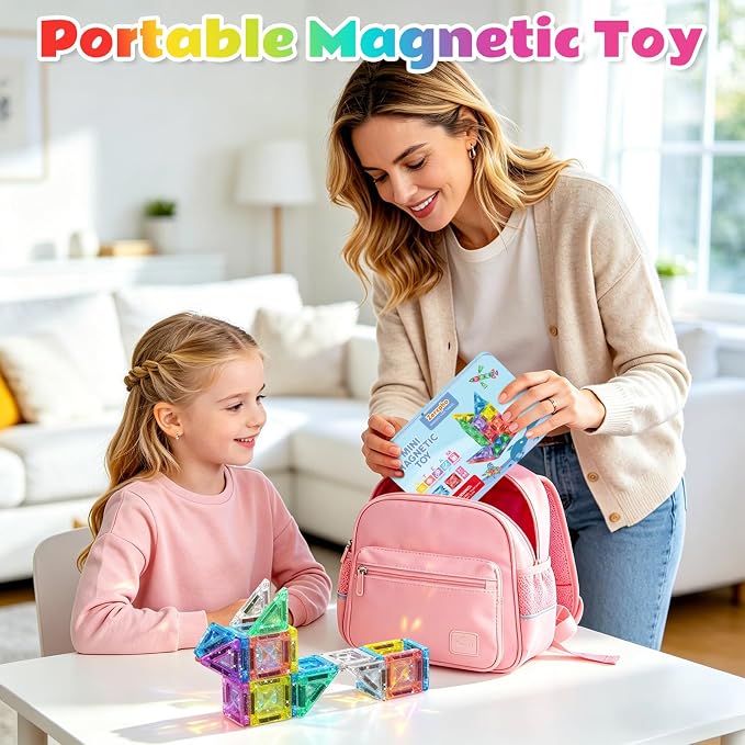 Mini Magnetic Tiles, 44PCS Portable Travel Magnetic Tiles Set with Case, Creativity Boosting Building Toys for Boys and Girls Ages 3+, Educational Toy for Kids STEM & Construction Learning