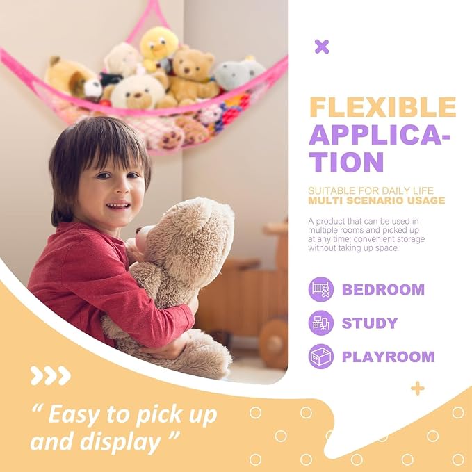 Lazebox Stuffed Animal Net Hammock for Plushie Toys, Stuffed Animal Hammock Corner for Kids' Room Decor, Ideas for Organizing Stuffy Collection, Pink, L (67" x 40" x 40")-Pack of 2