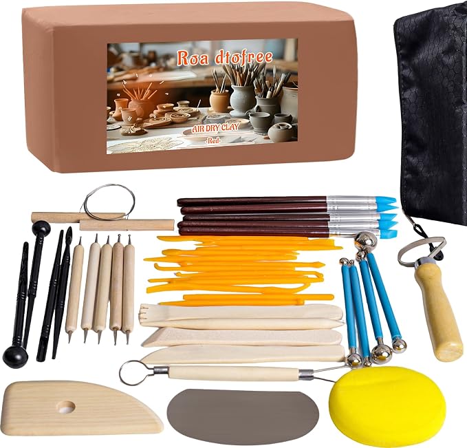 Air Dry Clay Kit 10 LBs + 42 Pcs Pottery Tools - Non-Toxic Organic Clay for Sculpting, Hand Modeling & Throwing Classes Ceramics Workshops (Red)