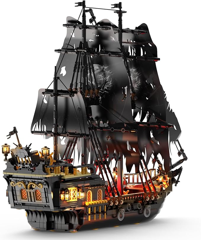 Pirate Ship Model Building Set for Adults Boys Girls, Black Pearl Ship Model with Light, Sail Boat Construction Toys, Collectible Display Home Office Decor, Birthday Gifts（1713 Pieces）