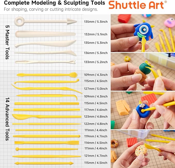 Shuttle Art Polymer Clay Kit, 50 Colors Oven Bake Clay for Kids with 19 Carving Tools and 10 Accessories, Non-Sticky, Non-Toxic, Ideal Gift for Kids