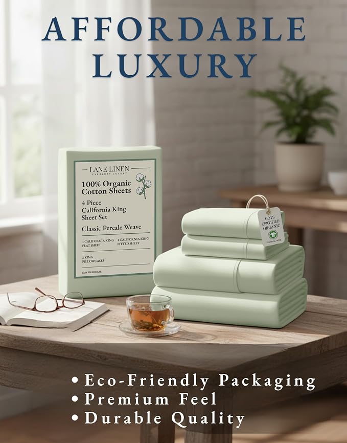 LANE LINEN California King Sheets 100% Organic Cotton Percale 4pc - Mineral | Cal King Sheet Set, GOTS Certified Organic Cotton Percale - Crisp Hotel-Style Feel, Soft From The First Wash
