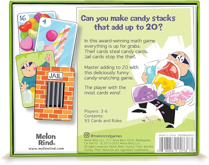 Melon Rind Clumsy Thief Candy Shop Math Game for Kids Ages 8+, Adding to 20 Card Game to Develop Math Skills with Confidence, Educational, Fun Activity for 3-6 Players