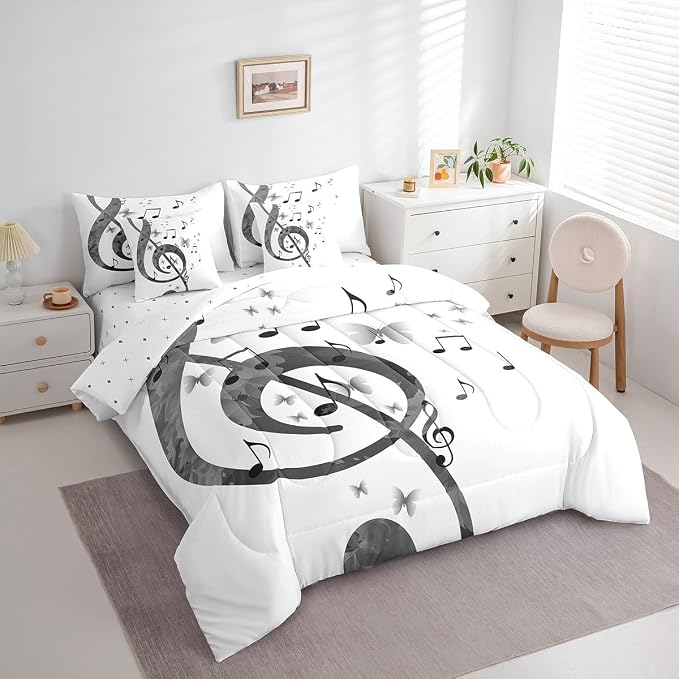Feelyou Music Comforter Set with Sheets King Size Guitar Bed in a Bag for Boys Girls Teens White 7 Pieces Bedding Set Soft Lightweight Microfiber