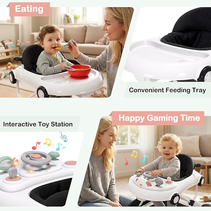 5-in-1 Convertible Baby Walker with Steering Wheel Music Activity Center – Infant Rocker, Jumper, Push Walker, Bouncer & Feeding Foldable Walker for Ages 6-18 Months Boys Girls (Black)