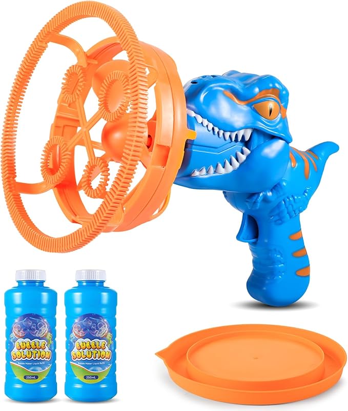 Dinosaur Shaped Bubble Gun for Kids - Blows Over 1000 Bubbles per Minute & Creates Giant Bubbles, Birthday, Christmas & Easter Gift for Boys & Girls Ages 3-9 (Blue)