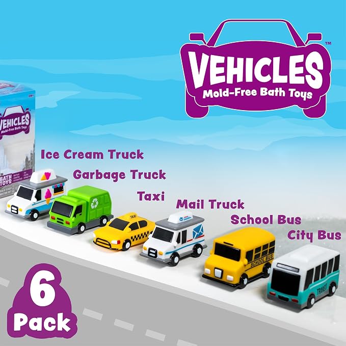 Tub Works® Vehicles™ Bath Cars Mold Free Bath Toys, 6 Pack | Sealed, No Hole Bath Toys Design Keeps Moisture Out | Soft, Squeezable & Float on Water | Fun Baby & Toddler Bath Toys | City Car Bath Toys