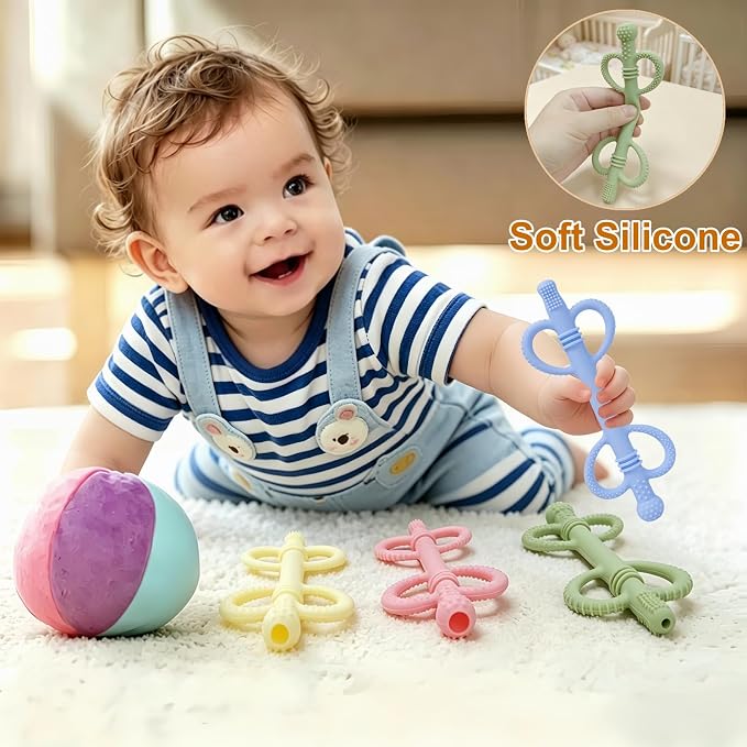 4 Pack Sensory Baby Teething Tubes, Silicone Baby Teether Toys with Easy-Hold Love Handle, Dual-Sided Textures, Soothe Sore Gums, BPA-Free Hollow Teething Straws for Babies 3+ Months (Style A)