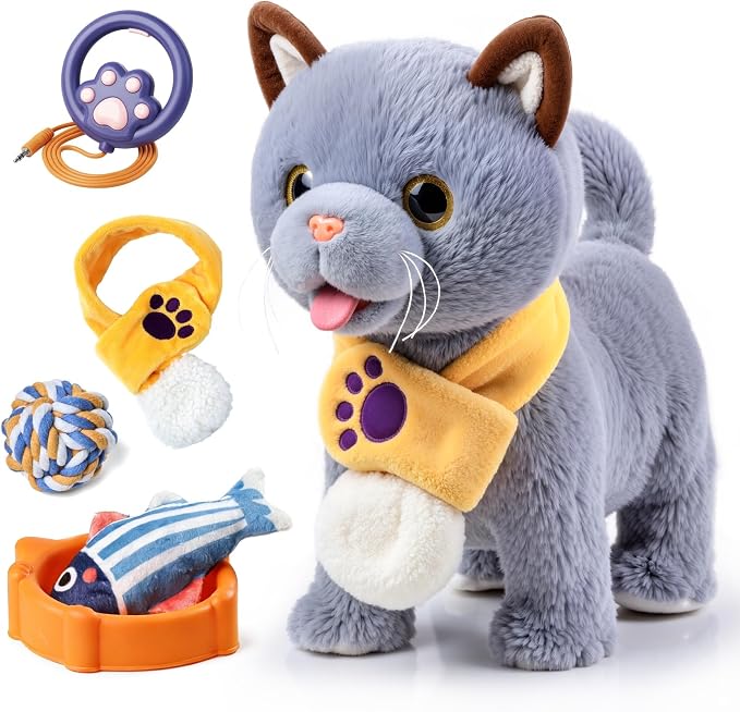 TUMAMA Walking Cat Set, Cat Toys for Kids Age 2 3 4 5+ Years | Wag Tail, Meows, Pretend Dress Up,Sing, Realistic Stuffed Cat