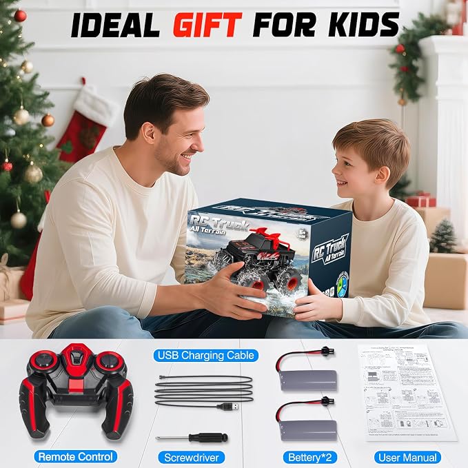 BainGesk Remote Control Monster Truck Toys, 1:16 Amphibious Waterproof RC Car, 2.4GHz 4WD All Terrain Toys with 2 Rechargeable Batteries, Off-Road Truck Gifts for 6 7 8 9 10 11 12 Year Old Boys