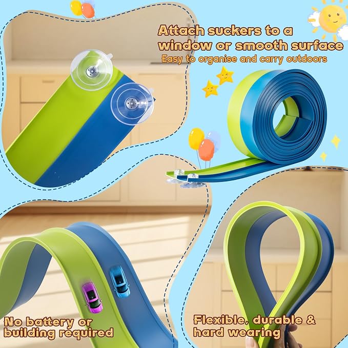 Flex Tracks 15 Ft for Kids Starter Set, Flexible Race Car Ramp Track with Suction Cups Compatible with Diecast 1/64th Cars for Ages 3 & Up (Green & Blue)