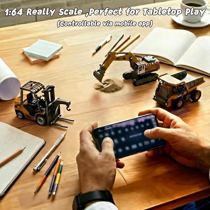 RC Construction Vehicles Toys Set 3 in 1 with Mini Excavator Dump Truck Forklift Real Lights & Sounds and Movable Parts & Traffic Sign Construction Site Map USB Charge Birthday Gifts for Kids Adults