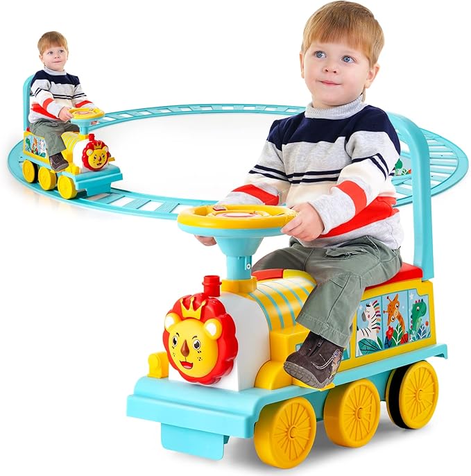 Costzon Ride on Toys, 6V Electric Ride on Train with Tracks, Storage Seat, Flashing Lights & Music, Backrest, Anti-tilt Device, Gift for Toddler Boys & Girls, Battery Powered Ride on Car (Blue)