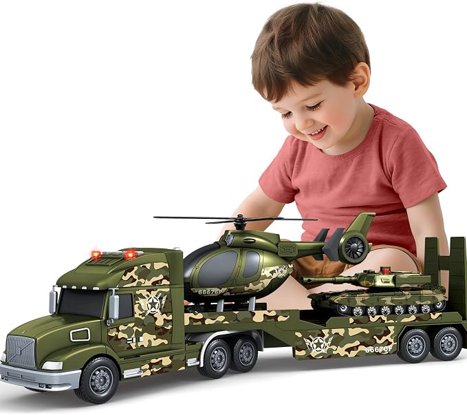 Bstoyder Toddler Boy Toys for 3 4 5 6 7 Years Kids, 27" Semi Army Truck Toy with Helicopters and Tank, Friction Powered Military Toys with Lights and Sounds, Birthday for Boy Girls