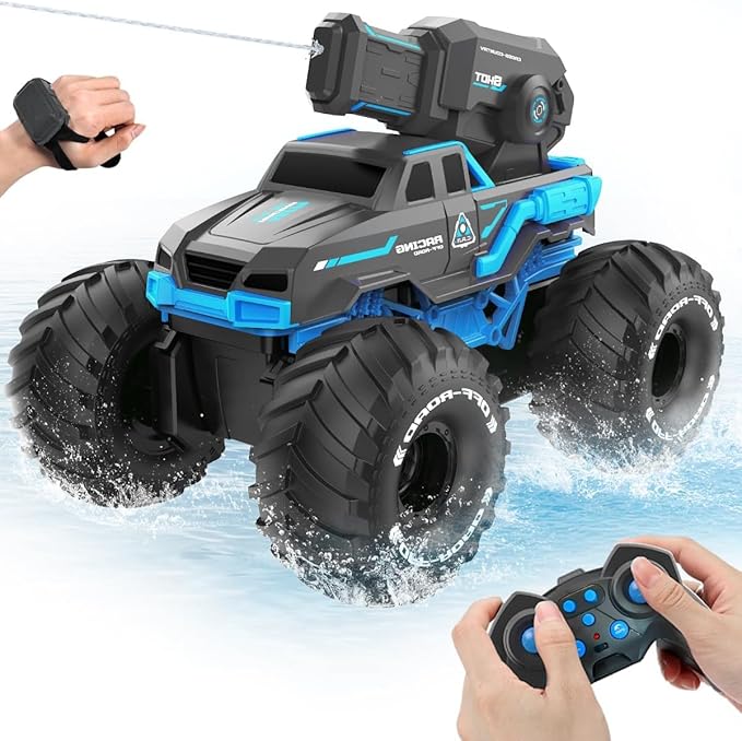BEZGAR Remote Control Monster Truck, RC Boat Amphibious Cars Pickup Monstertruck with Shooting Water Gun - Pool Toys 4WD Waterproof All-terrian Off-Road Vehicles Gifts for Kids Boys Adults