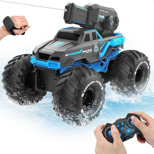 BEZGAR Remote Control Monster Truck, RC Boat Amphibious Cars Pickup Monstertruck with Shooting Water Gun - Pool Toys 4WD Waterproof All-terrian Off-Road Vehicles Gifts for Kids Boys Adults