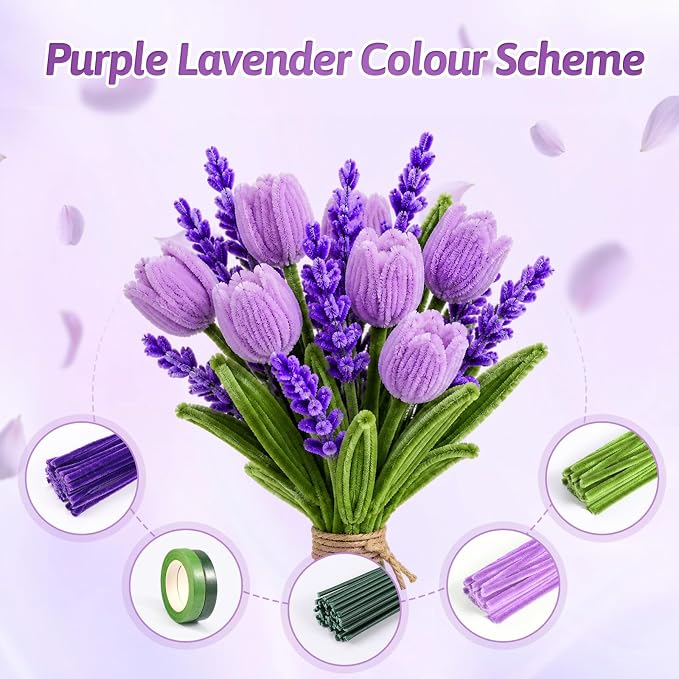 OneAmg 800PCS Pipe Cleaners Craft Kit with 14 Colors，DIY Flowers Making Set | Chenille Stems for DIY Flower Making Kit with Instructions,Floral Wires,Stamen& Ribbon,Art and Craft Supplies