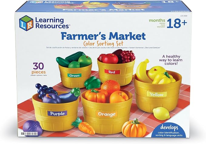 Learning Resources Farmer's Market Color Sorting Set - Pretend Play Food Sets for Kids Kitchen, Color Sorting Toys, Plastic Fruit and Vegetable Toy for Kids Kitchen Set, Play Food for Toddlers 1-3