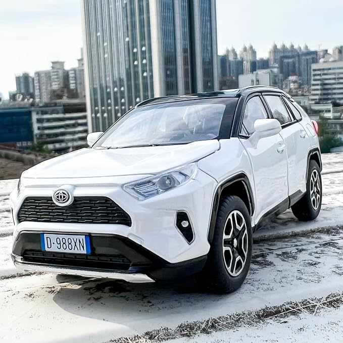 WAKAKAC Model Car 1/32 RAV4 Alloy Diecast Collectible Toy Car with Light and Sound Toy Vehicle Door Can Be Opened for Boys Kids Toddler Gift (White)