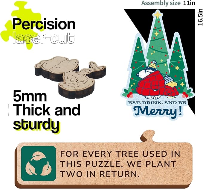 Peanuts Snoopy Puffer Coat Puzzles for Adults – 300 Pieces Unique Shaped Christmas Tree Wooden Puzzles, for Kids, 5MM Thick, Officially Licensed Merchandise – Singing Spirits, 11" x 16.5"