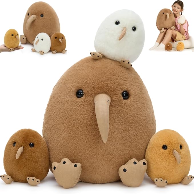 MorisMos Plush Kiwi Bird Toys for Kids, Realistic Mommy Kiwi Bird Stuffed Animal with 3 Baby Chicks, Soft Machine Washable Plush toy, Educational & Role Playset Gift for Birthday Baby Shower Christmas