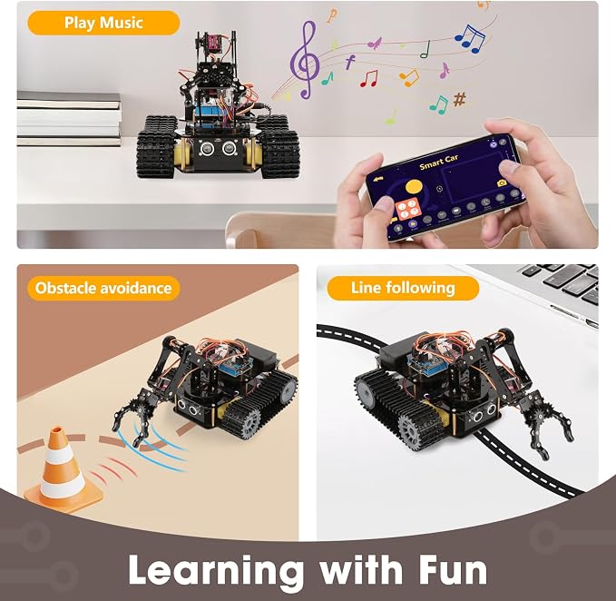 4 in 1 Robotics for Kids Ages 12-16, Smart Robot Arm with 5DOF + Tank Car, STEM Toys Compatible with Arduino & Scratch & Python, App & Remote Control, Gift for Kids & Teens & Adult