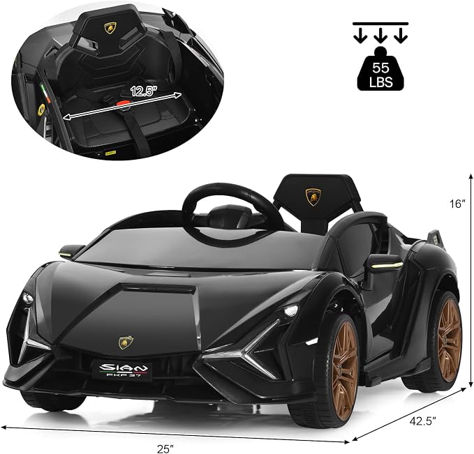 INFANS 12V Licensed Lamborghini Sian Kids Ride On Car with Parent Remote Control, Spring Suspension, MP3 Player, Electric Toy Roadster Carbon Fiber Textured for Toddler (Black Golden)