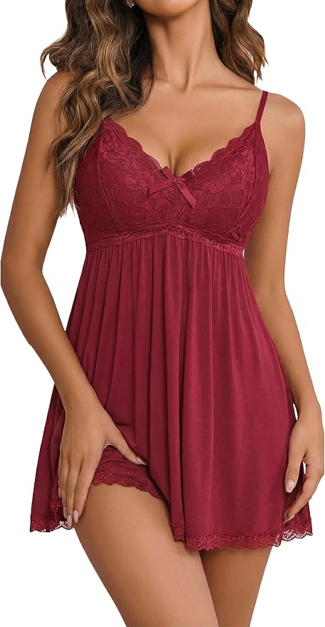 Avidlove Women Nightgown Sexy Sleepwear Lace Chemise V-neck Modal Babydoll Lounge Dress