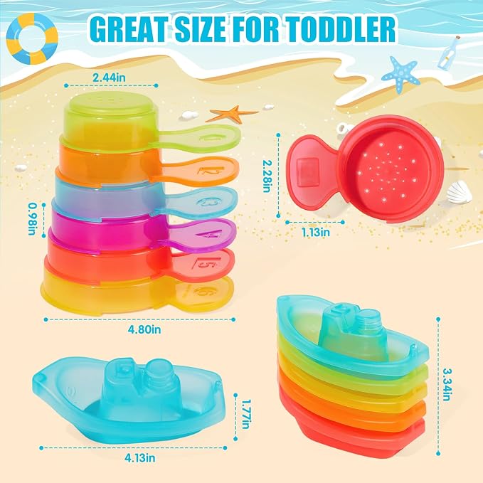 AMCHSURI 11 Pack Mold Free Bath Toys, Open Seamless Quick Dry Design, Stackable Scoops & Floating Boats, Water Play Toys for 12 18 Months & 1-3 Years Old Toddlers, Bathtub Pool Water Table Toys