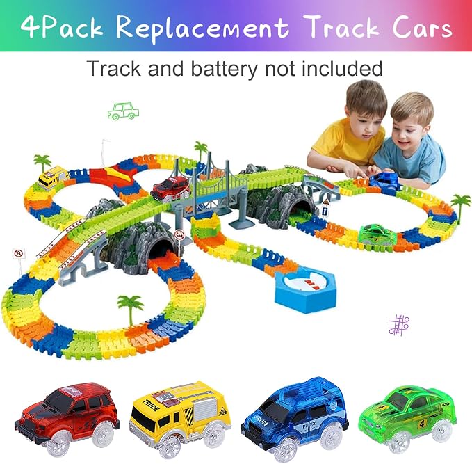 Tracks Cars 4PCS Magic LED Light-up Track Car Replacement Only,Flex Race Cars Glow in the Dark with 5 Flashing LED Lights Fits Most Tracks,Perfect Car Toys for 3-8 Kids,Boys&Girls