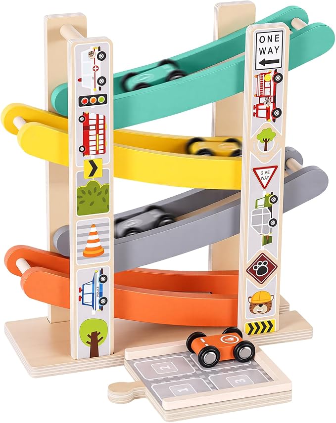 Car Ramp Toys for One Year Old Boy, Toddler Montessori Toys, Wooden Car Tracks for Toddlers 1-3, Race Cars Ramp Track with 4 Mini Cars & Parking Lots, 1st Birthday Gifts Boy